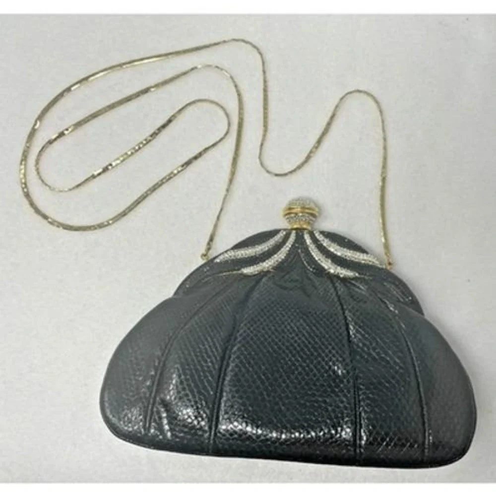Vintage Finesse La Model Jeweled Convertible Snakeskin‎ Clutch Gold Chain